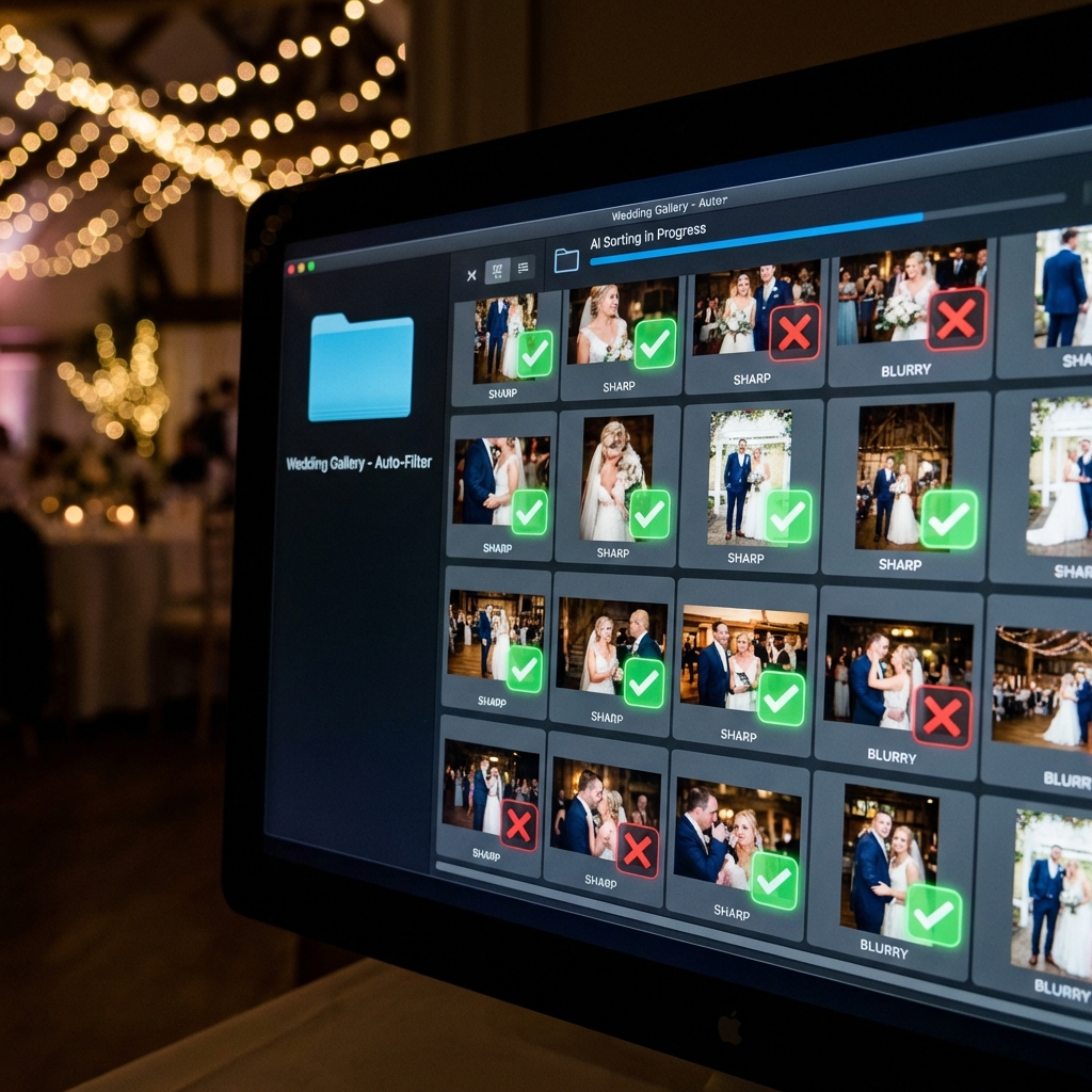 MagicSort AI interface automatically sorting 4000 wedding photos and selecting the best shots