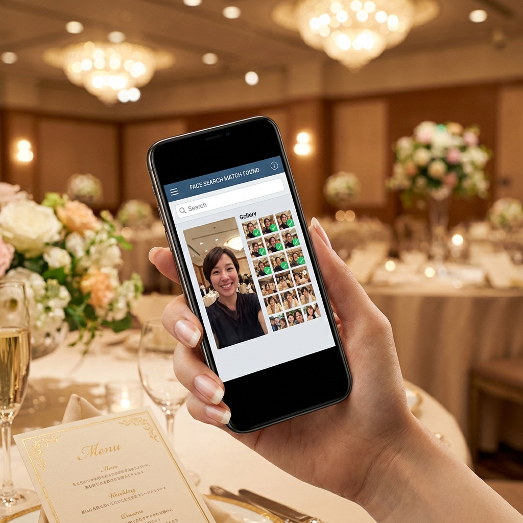 Wedding guest finding their photos instantly using face search on mobile at a 1000-person event