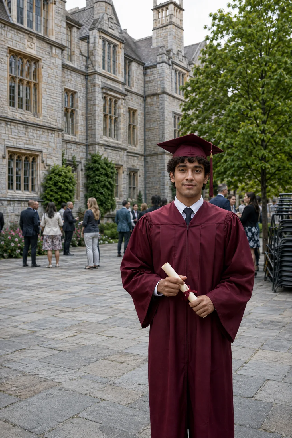 Waist-up portrait of a graduate in a college courtyard shot on a 35mm lens, with families and the building behind them clearly visible