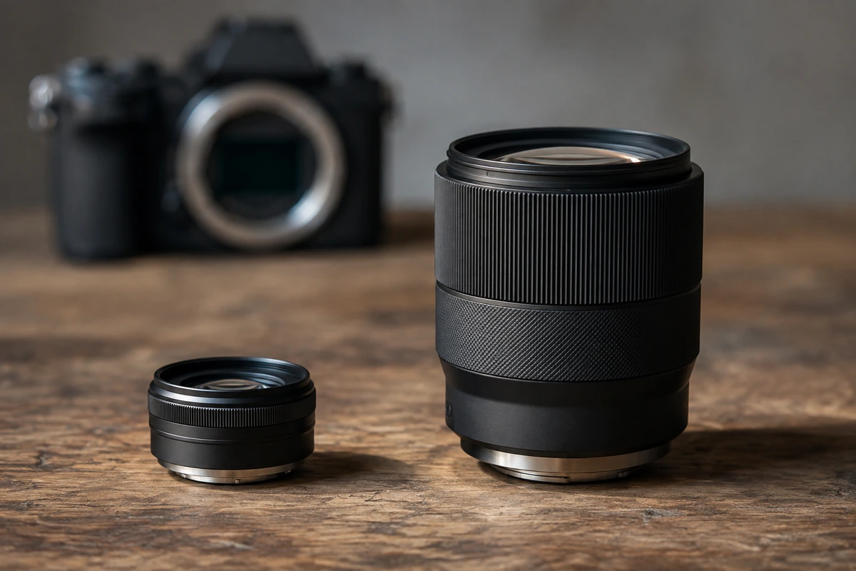A small 160g 50mm f/1.8 prime lens standing beside a much larger 1090g 50mm f/1.2 lens on a workbench