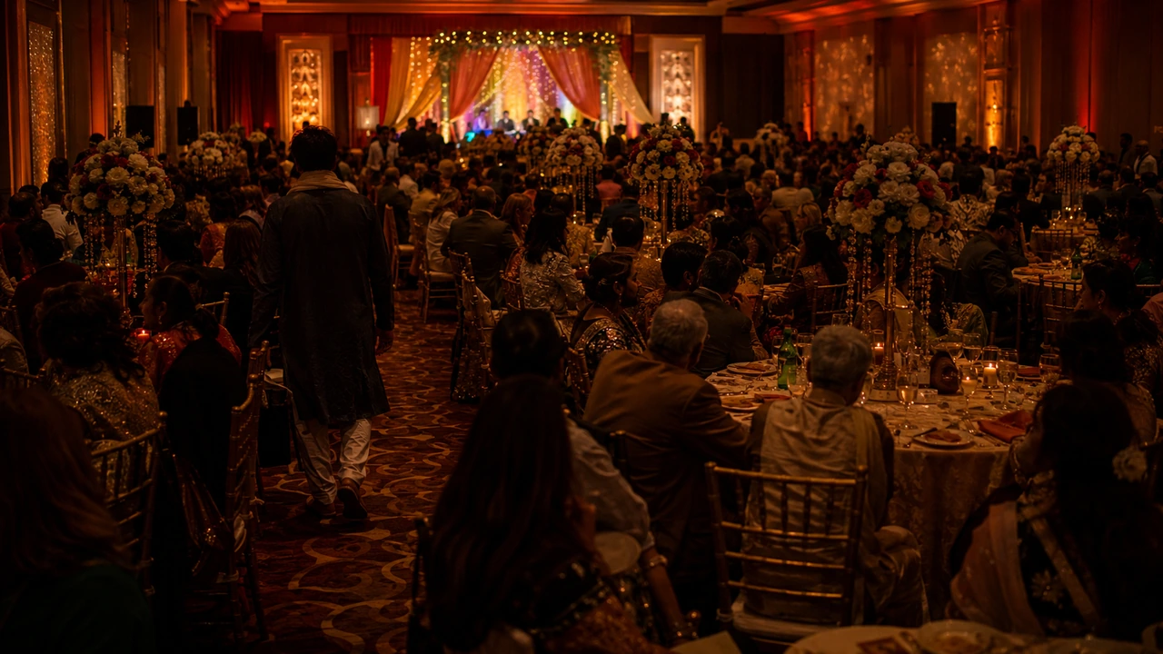 Packed wedding reception hall lit by warm uplighting, guests seated close together with little room for a photographer to move