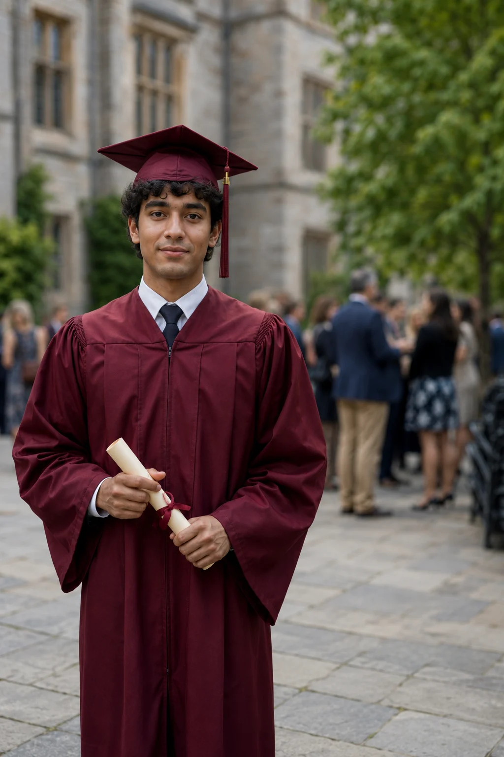 Half-length portrait of the same graduate in the same courtyard shot on a 50mm lens, with the background softened and simplified