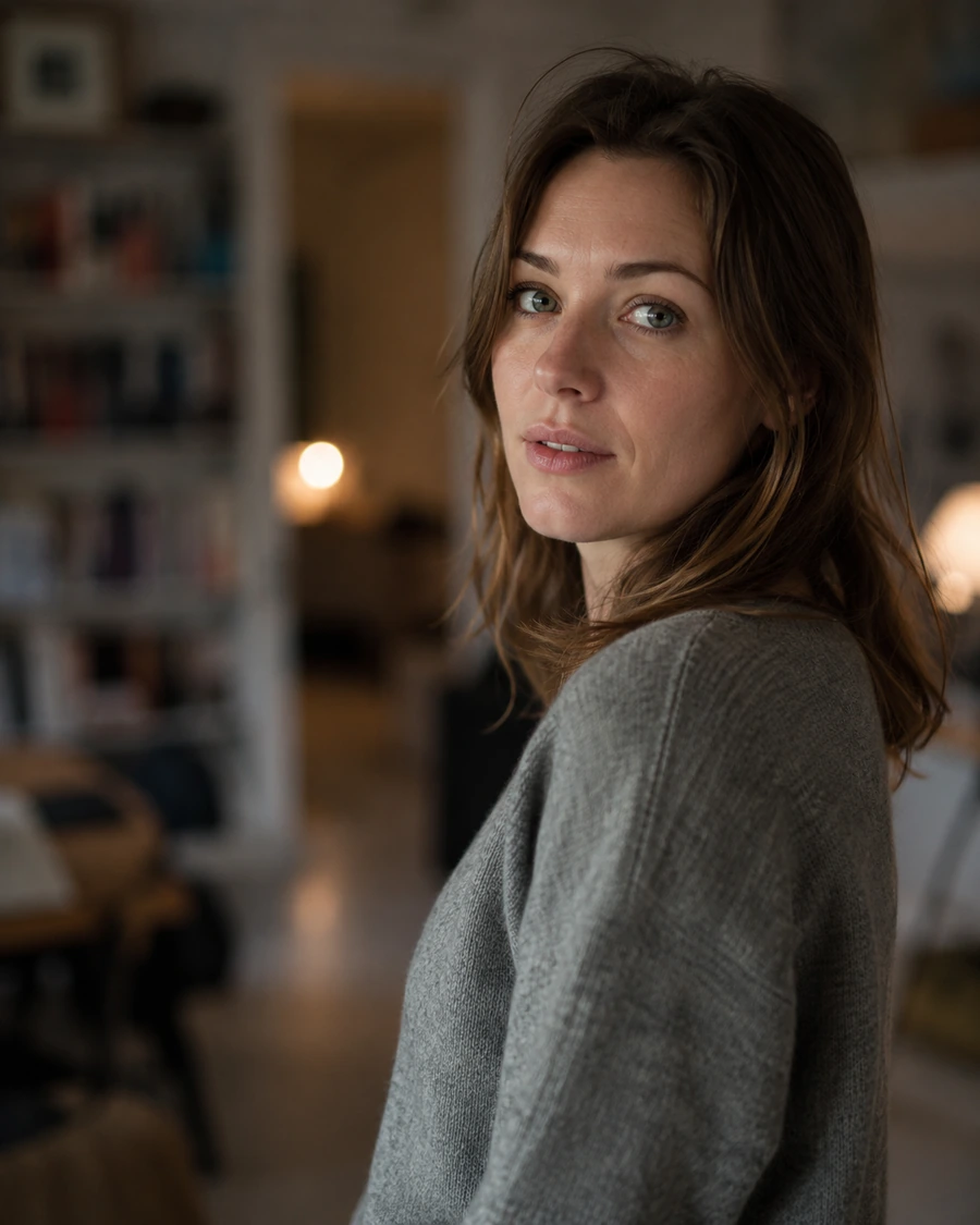 Half length portrait made with a 50mm lens at wide aperture, the subject sharp and the room behind reduced to soft shapes