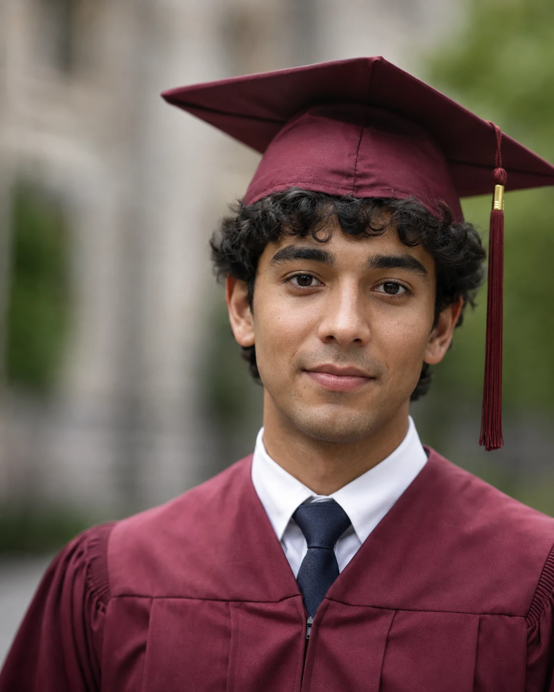Head and shoulders portrait of the same graduate shot on an 85mm lens from two metres back, with the courtyard reduced to soft colour