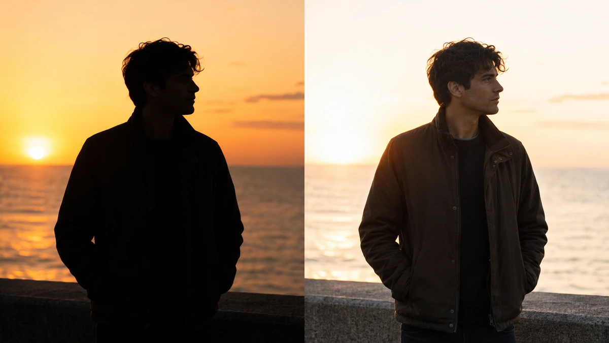 Two backlit golden hour portraits side by side, the left one metered for the bright sky so the face is a dark silhouette, the right one spot metered on the face so the skin is properly exposed with rim light on the hair