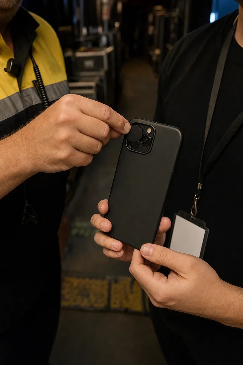 Security staffer pressing a small opaque sticker over a crew member's phone camera at a backstage entrance