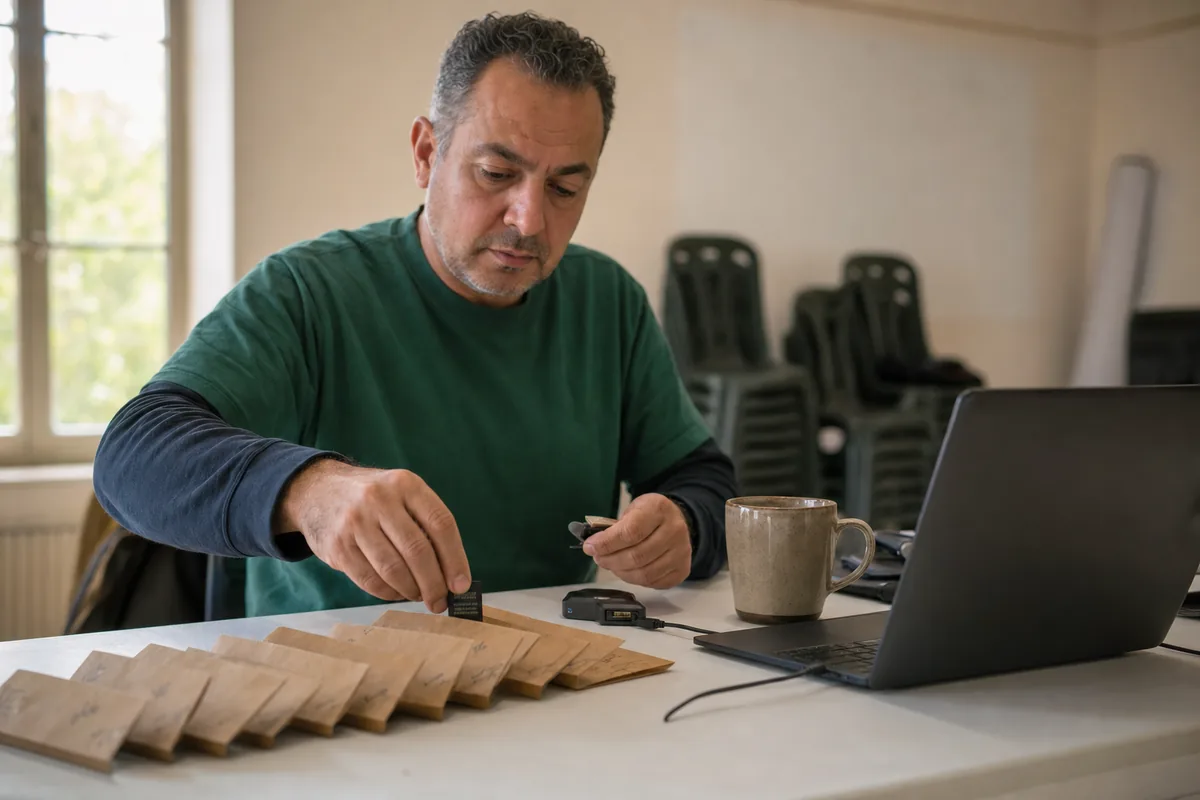 Photo lead at a community hall table after a charity run, filing memory cards into envelopes labelled for each volunteer