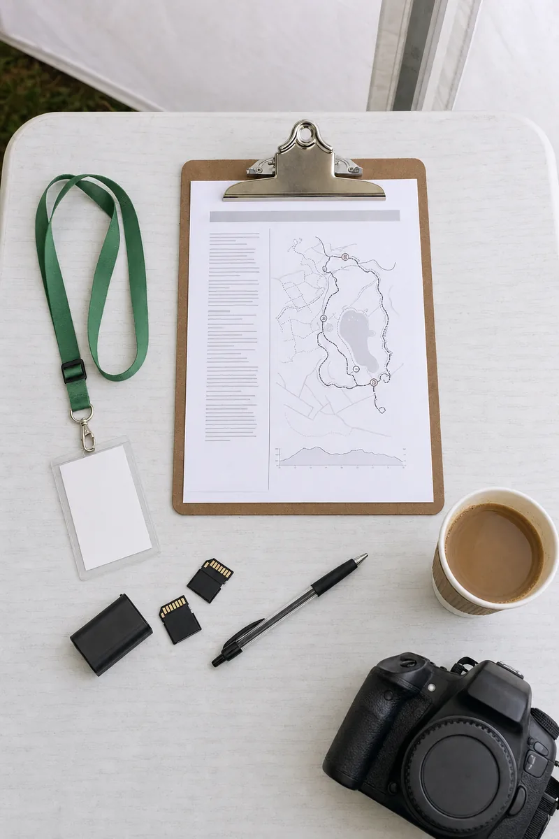 One-page photographer brief on a clipboard with a course map, a volunteer lanyard and memory cards on a charity run registration table