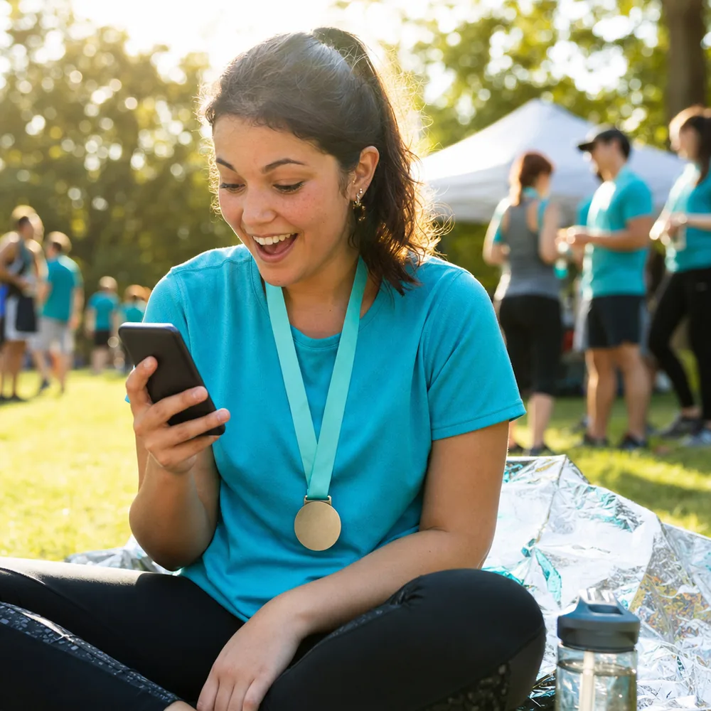 Charity 5K runner wearing a finisher medal sitting on the grass after the race and smiling at her phone as she finds her own race photos