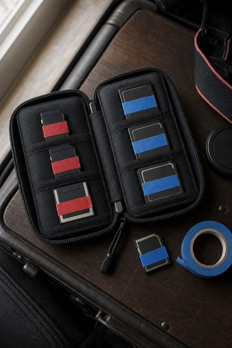 Colour-coded memory cards in an open card wallet, red tape for the lead photographer and blue tape for the second shooter