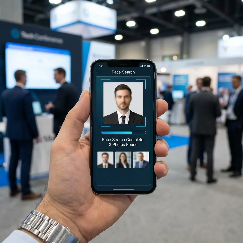 Conference attendee finding their photo instantly via Face Search