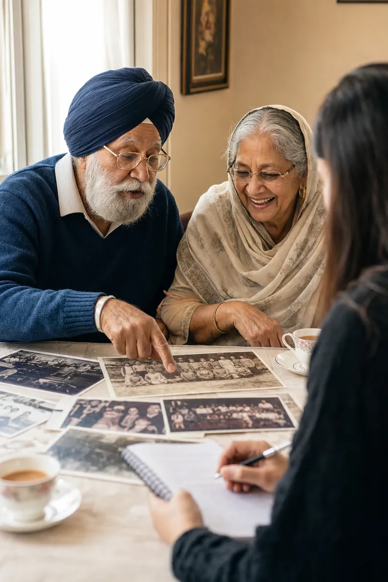 Two elders at a table pointing at old printed group photos while a younger volunteer writes their names in a notebook