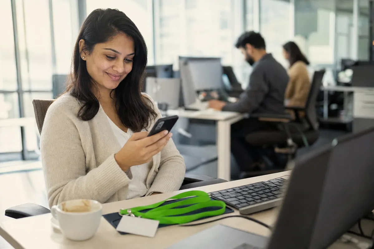 Employee at her office desk the morning after a company event, looking at her own event photos on her phone