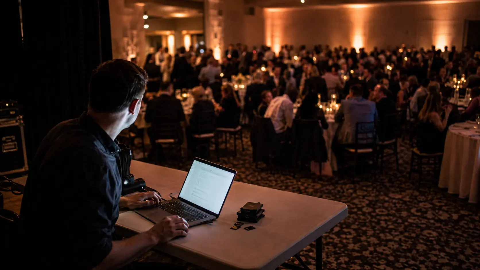 Event photographer at a folding table beside a full reception hall, laptop open and memory cards stacked, working through the night's take