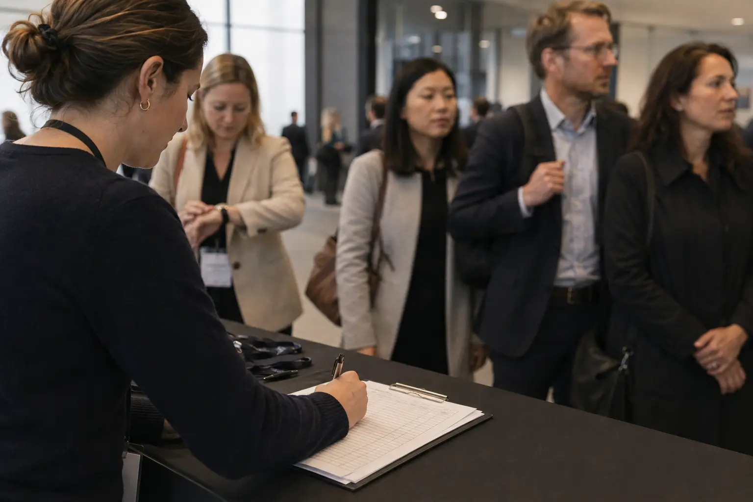 Queue of guests waiting at an event registration desk while a staff member writes down contact details