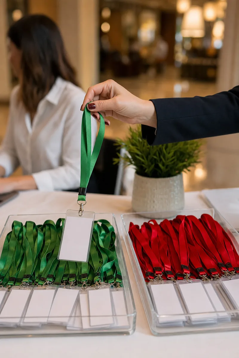 Registration desk at a company event with trays of green and red lanyards and an employee choosing a green one