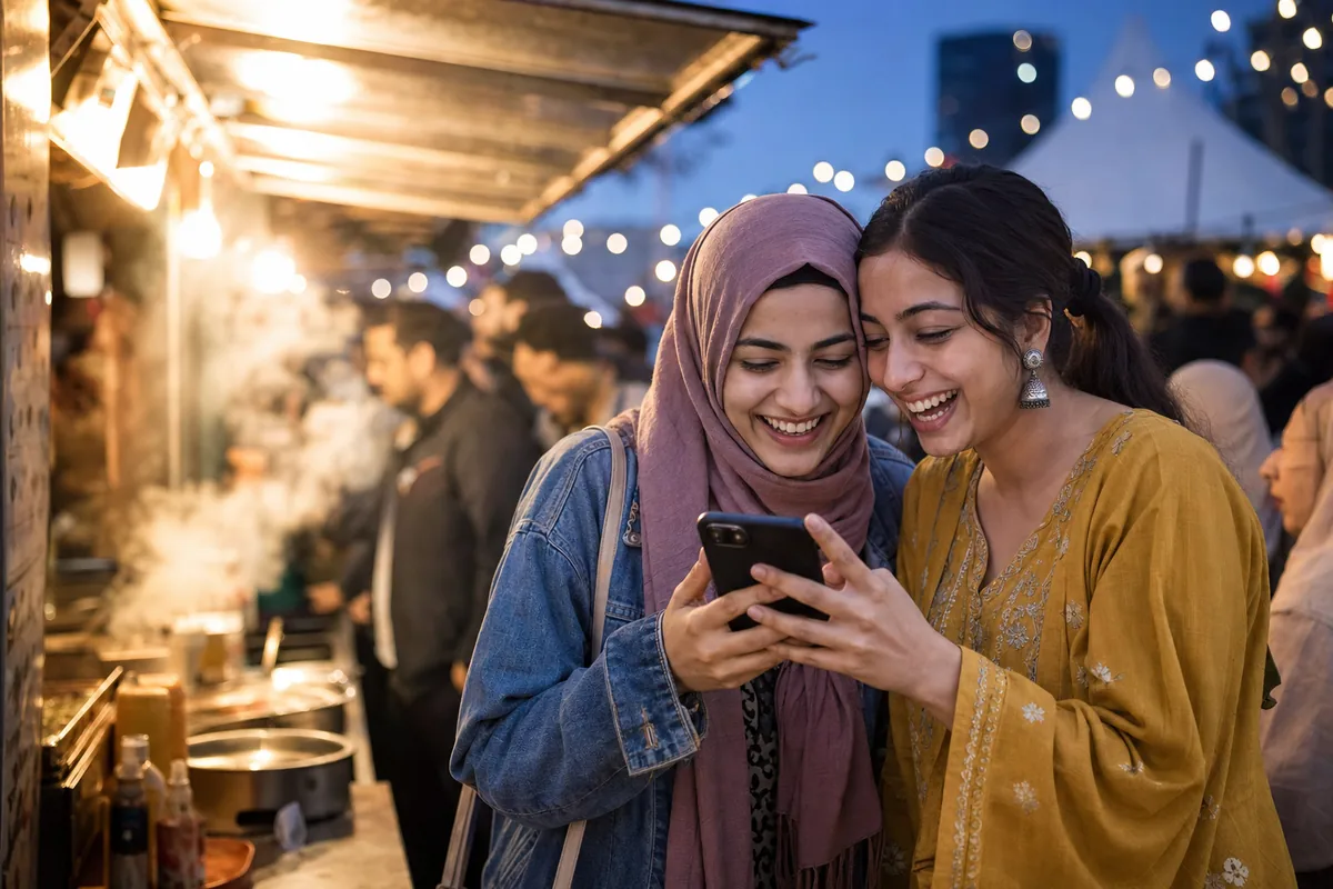 Two friends at a festival food stall at dusk, one in a headscarf, looking together at a phone after finding their own photos