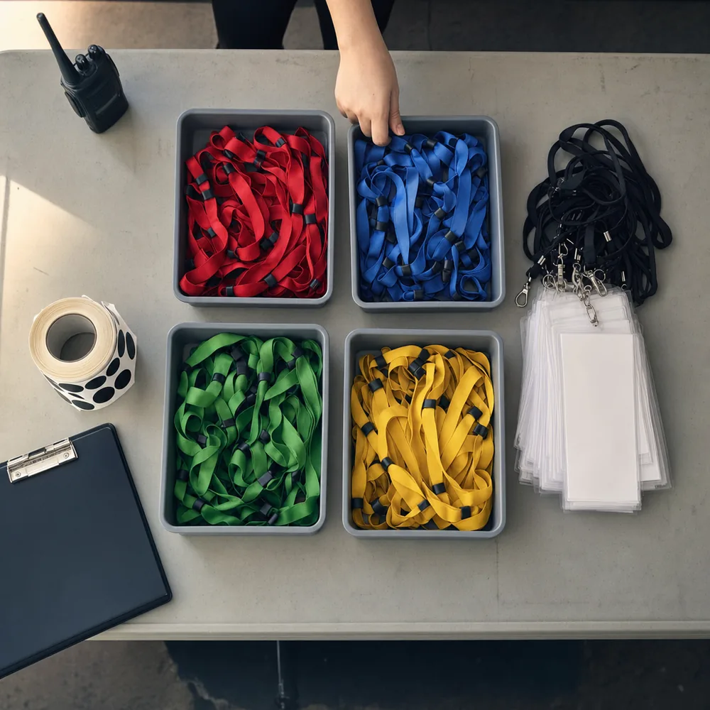 Colour-coded festival lanyards sorted into trays beside blank laminated passes on a production office table