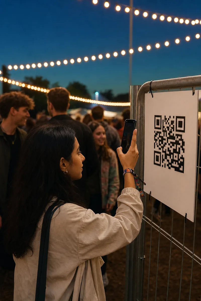 Festival-goer with a fabric wristband scanning a QR code sign at the exit gate at dusk to open her photos