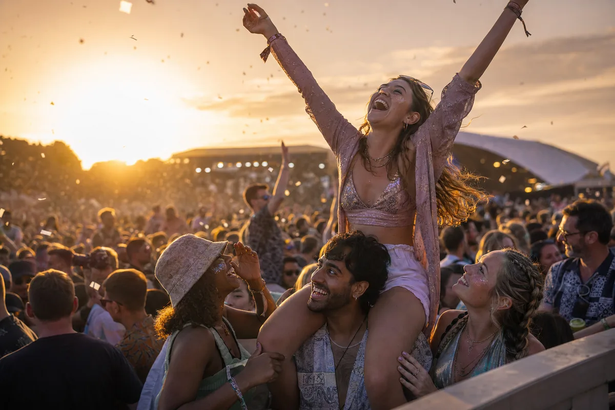 Friends at an outdoor music festival at sunset, one woman on a friend's shoulders with her arms raised in the crowd