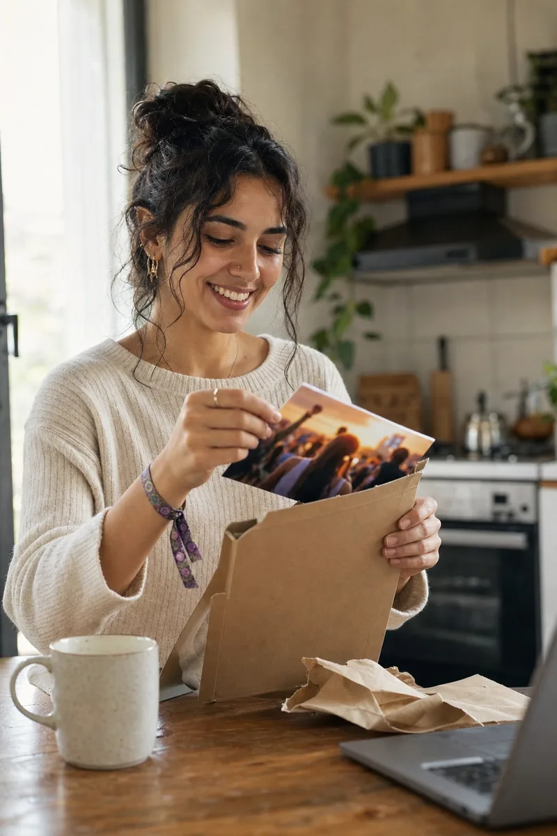 A festival-goer unwraps a printed photo of herself and friends at a festival, a fabric wristband still on her arm