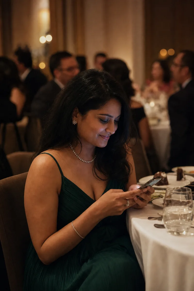 Guest in evening wear at a corporate gala table scrolling through her own event photos on a phone