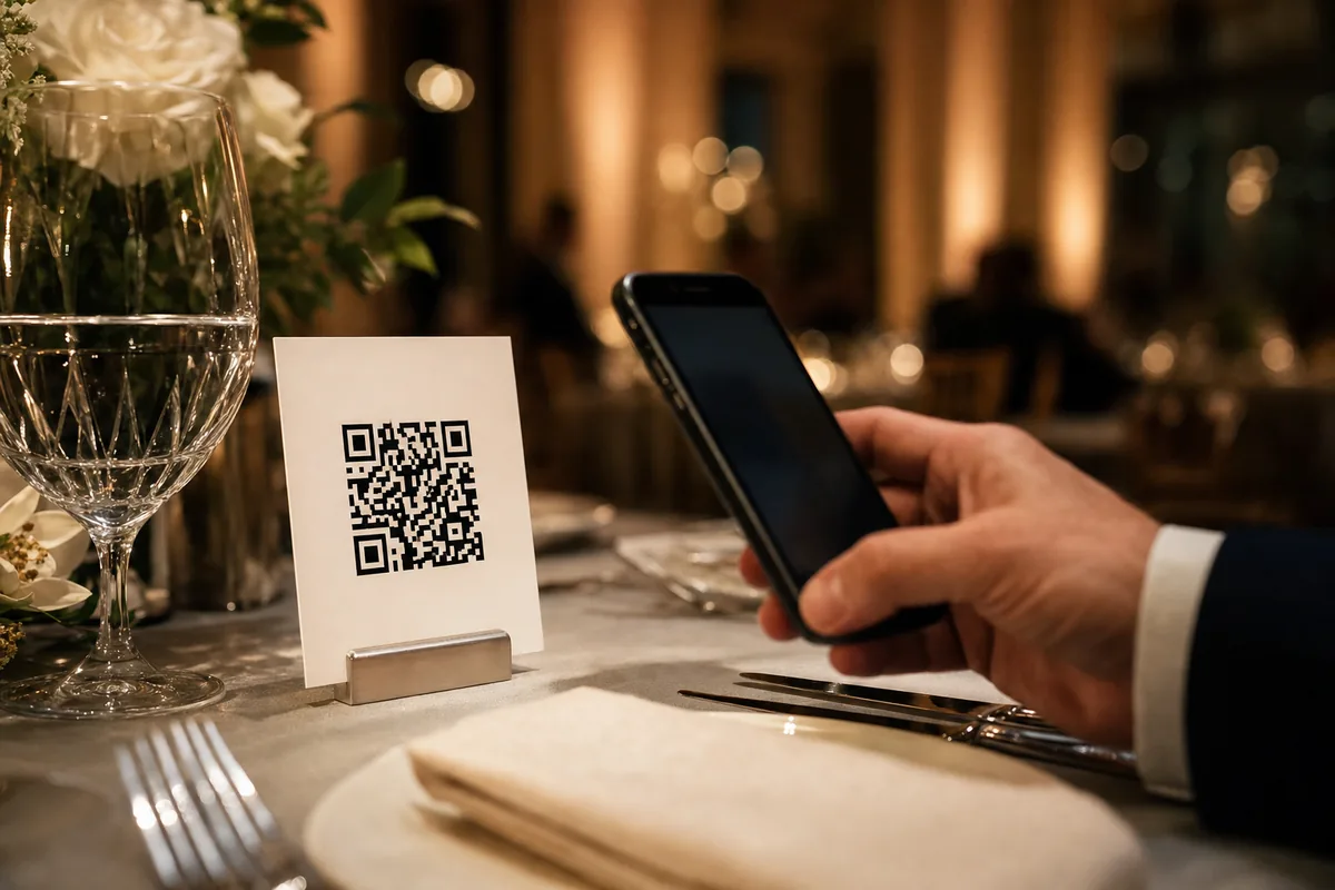 Small QR code card standing on a gala dinner table beside a place setting and a folded napkin