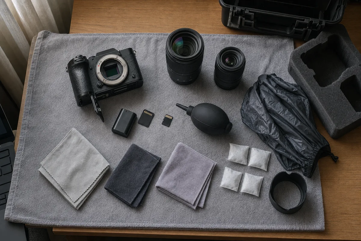 Top-down view of a camera with its battery and card doors open, lenses, microfibre cloths, a blower and silica gel sachets drying on a towel beside an open hard case