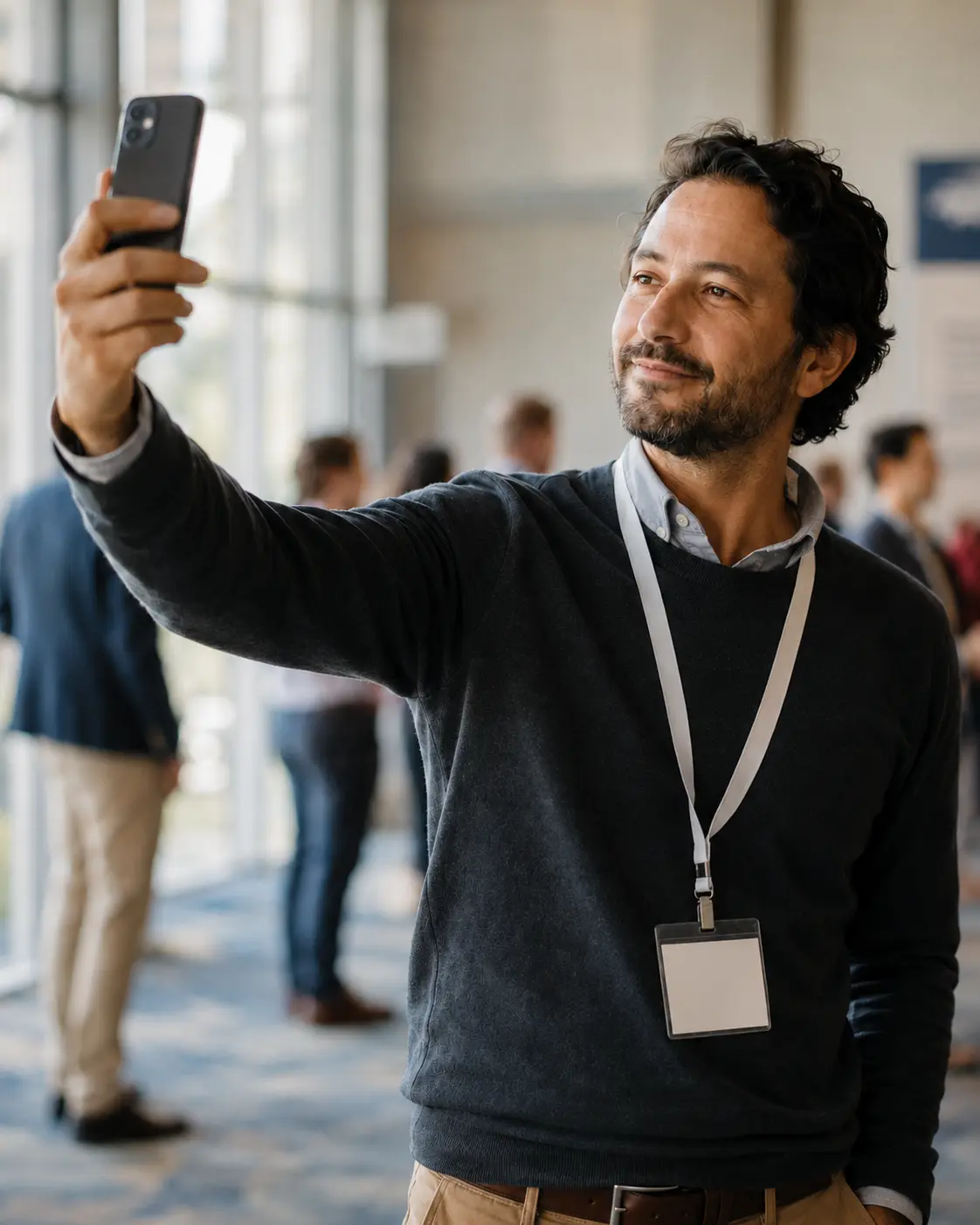 Conference attendee taking a selfie on a phone to open a personal event photo gallery through face search