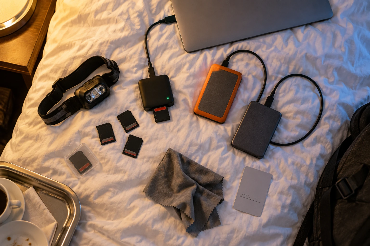 Memory cards, card reader and two portable drives laid out on a hotel bed during a multi-day photography trip