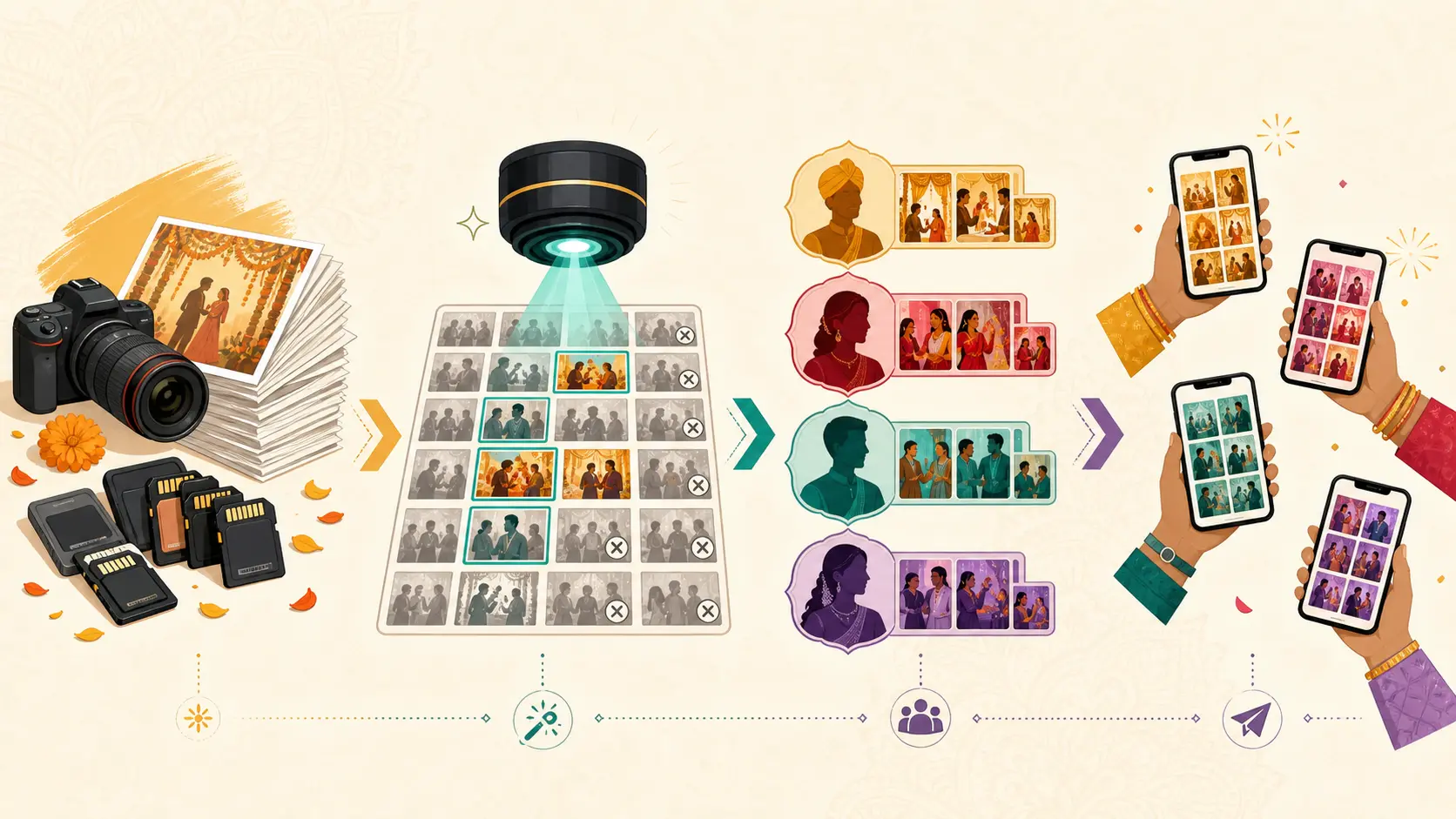 Lenzeit AI wedding photo delivery workflow: upload event, AI culls and scans faces, photos grouped by guest, each guest gets a private gallery