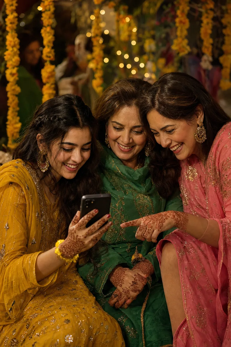 Three women in colourful mehndi outfits leaning over one phone together at a family mehndi night