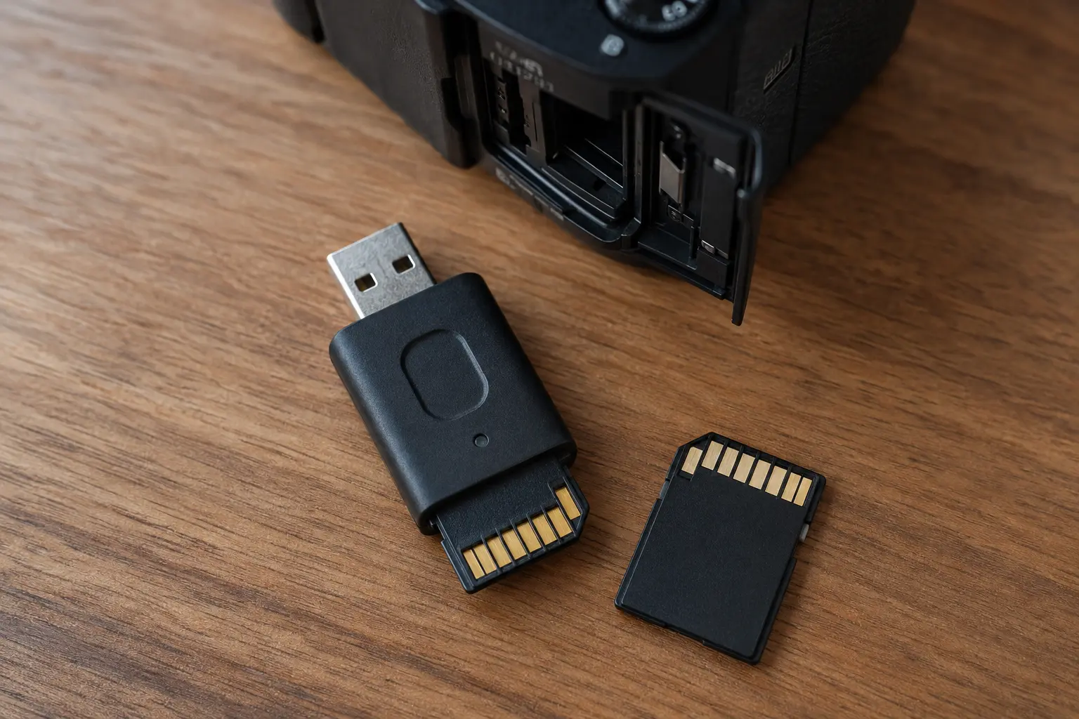 Two memory cards and a card reader on a desk beside a camera with its card door open, ready to transfer RAW files