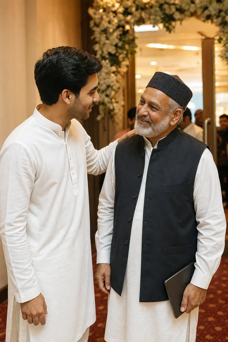 A young man in a kurta talks warmly with his older uncle, who is smiling and holding a tablet lowered at his side, in the corridor outside a ceremony hall