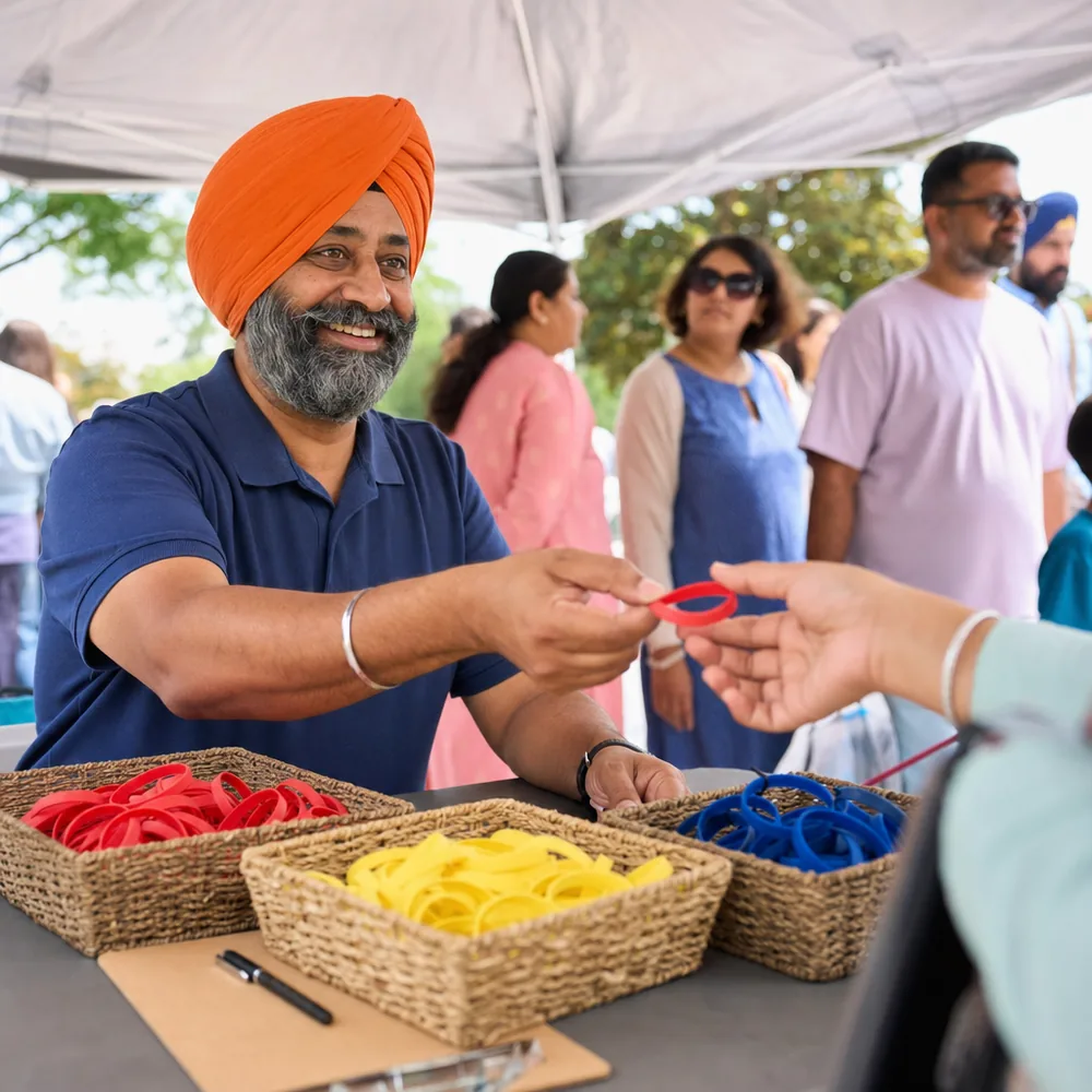 A volunteer at a festival registration table hands a red wristband to an attendee, with baskets of red, yellow and blue wristbands on the table