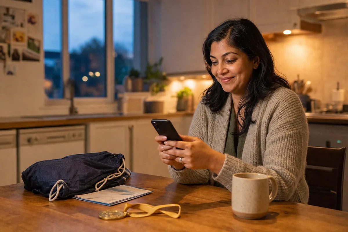 A parent at a kitchen table in the evening smiling at a phone, a school sports bag and a medal ribbon on the table beside her