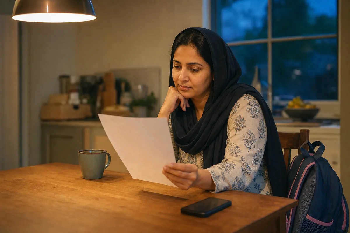 Parent at a kitchen table reading a printed letter from school about photo day, a school backpack on the chair beside her