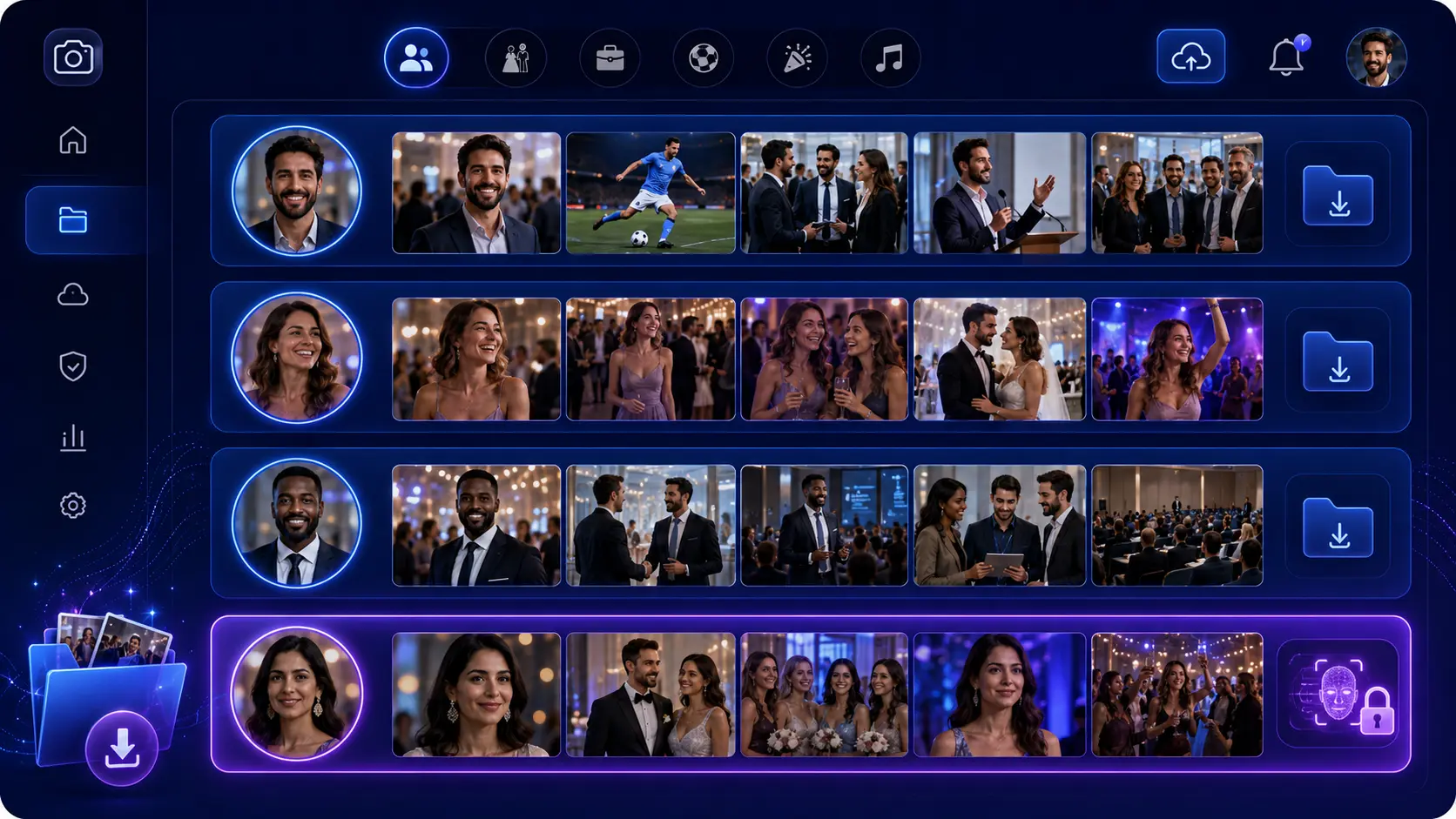 Event photos automatically sorted into a separate private gallery for each person by Lenzeit facial recognition