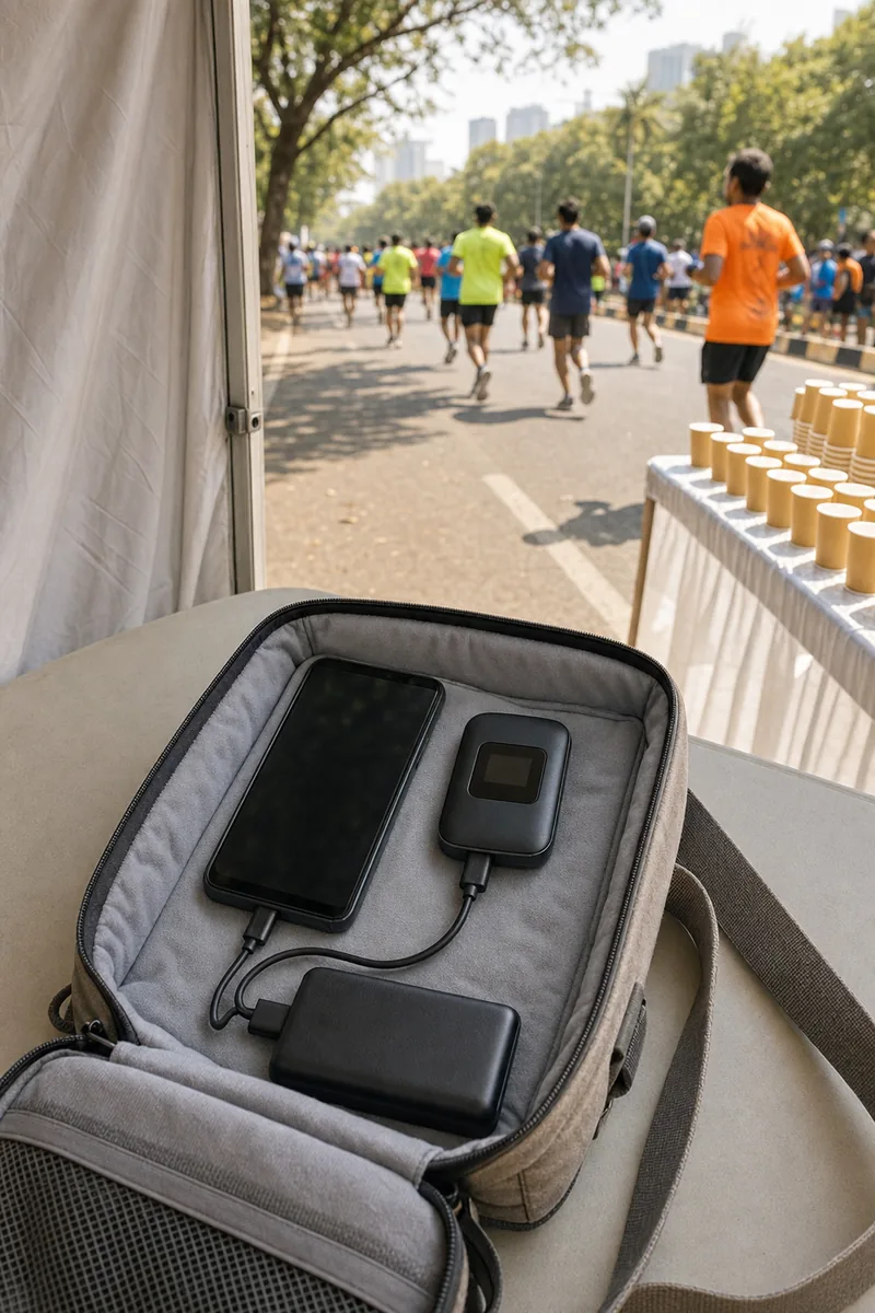 Phone and pocket Wi-Fi hotspot charging from a power bank inside an open padded bag in the shade of a tent at a hot city race