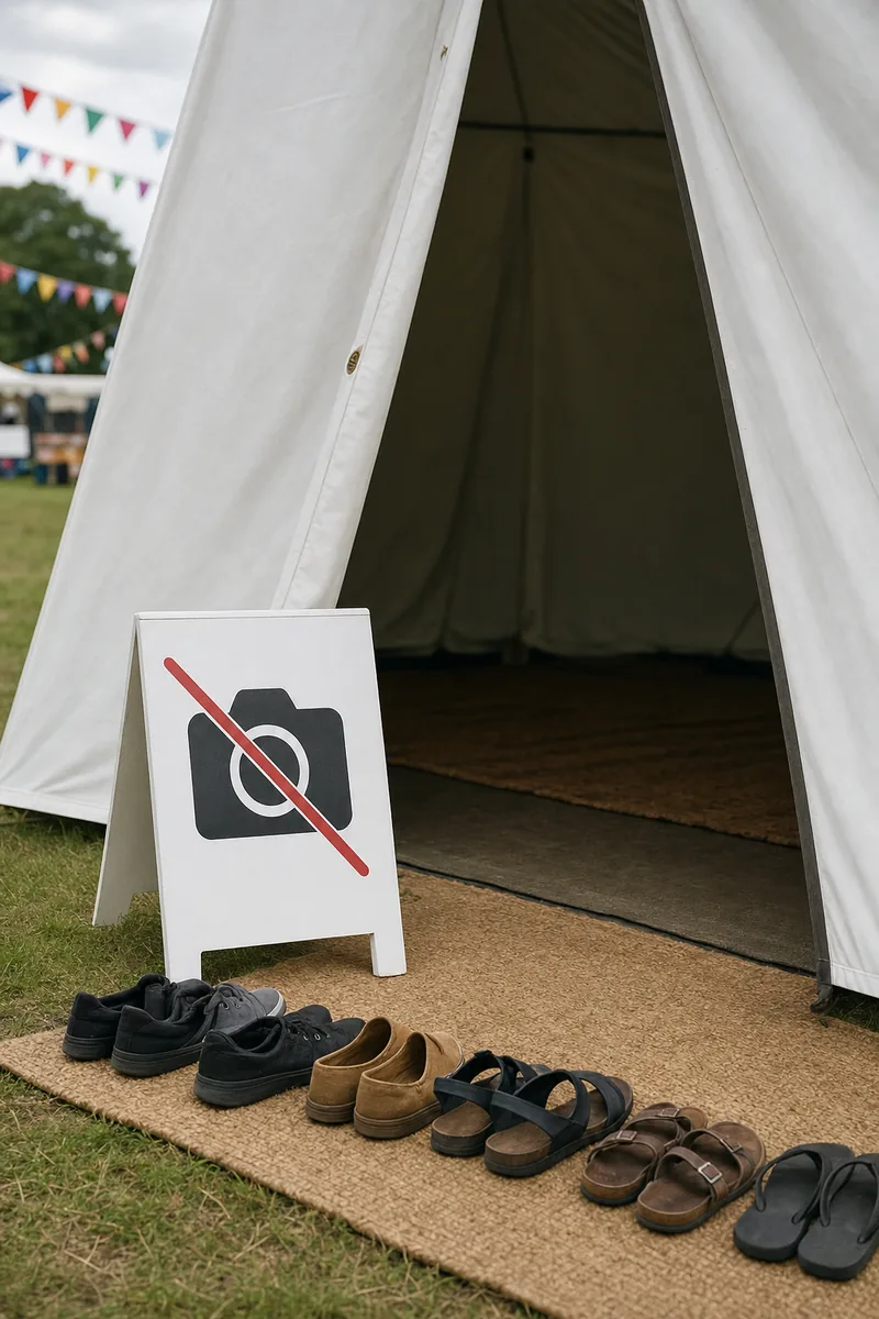 A folding sign with a crossed-out camera symbol stands at the entrance of a quiet prayer tent, with shoes lined up on a mat beside it