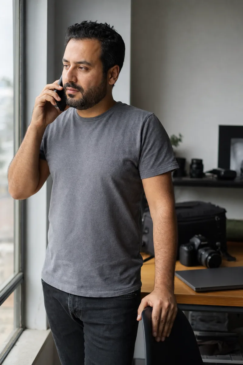 Event photographer standing by a studio window on a phone call with a returning client, camera bag on the desk behind him