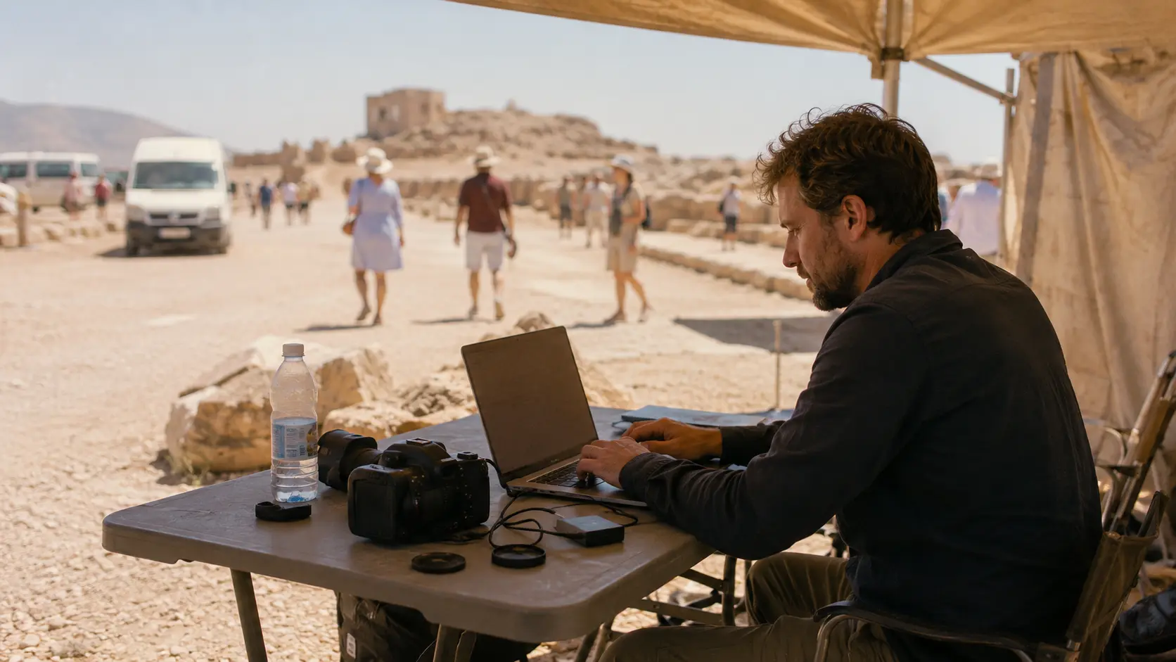 A photographer uploading the day's tourist photos from a laptop at an outdoor location near a landmark