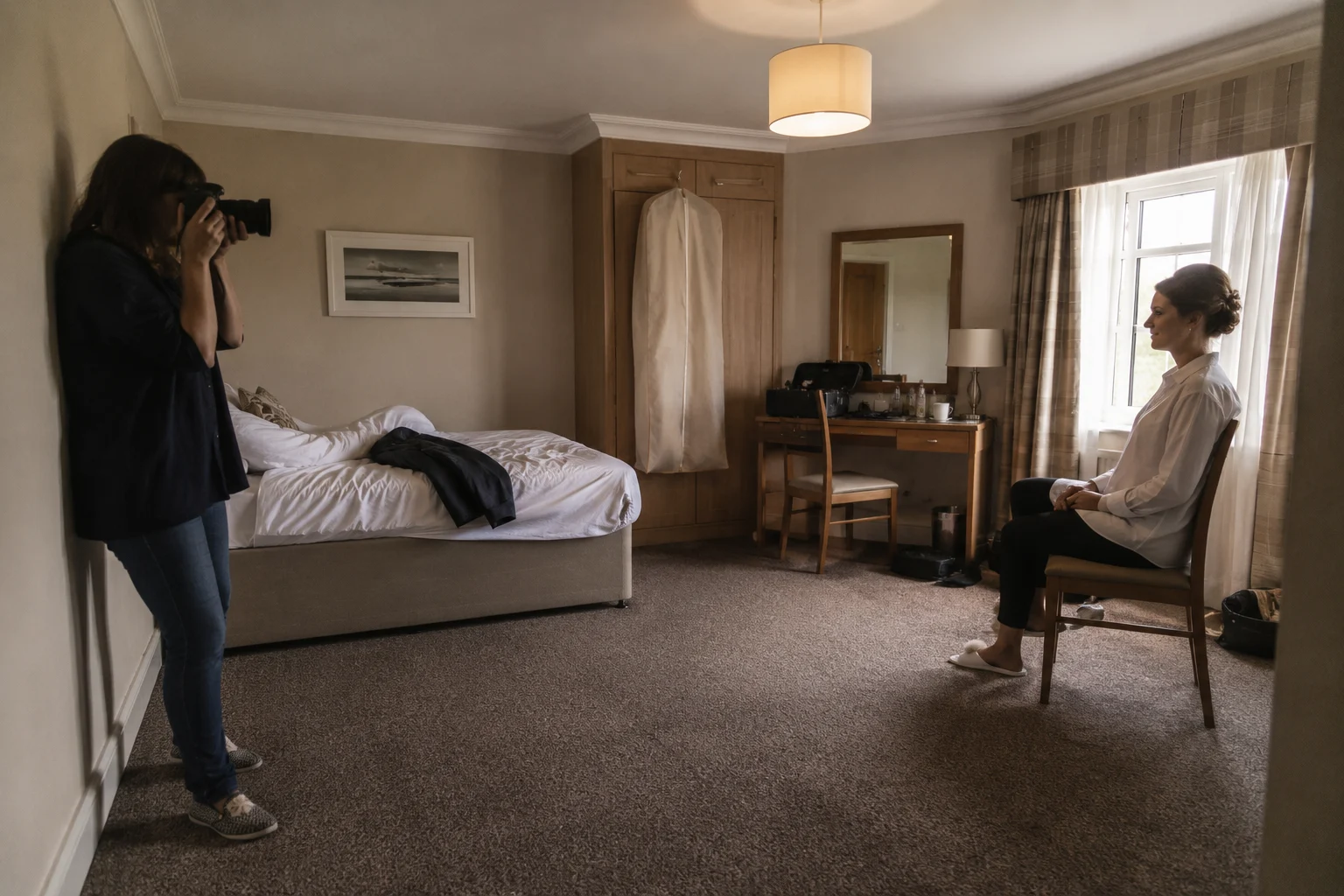 Photographer backed against the far wall of a small hotel getting-ready room to frame a seated portrait with a short telephoto lens