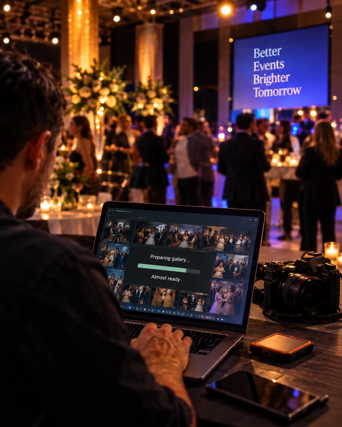 A wedding guest holding a phone showing a small personal photo gallery while the reception continues out of focus behind her