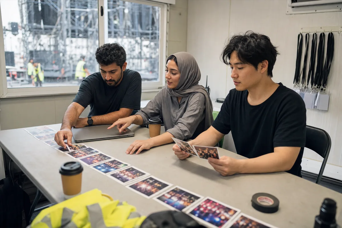 Festival marketing team in a site office the morning after the event, arranging printed crowd photos into a recap reel sequence