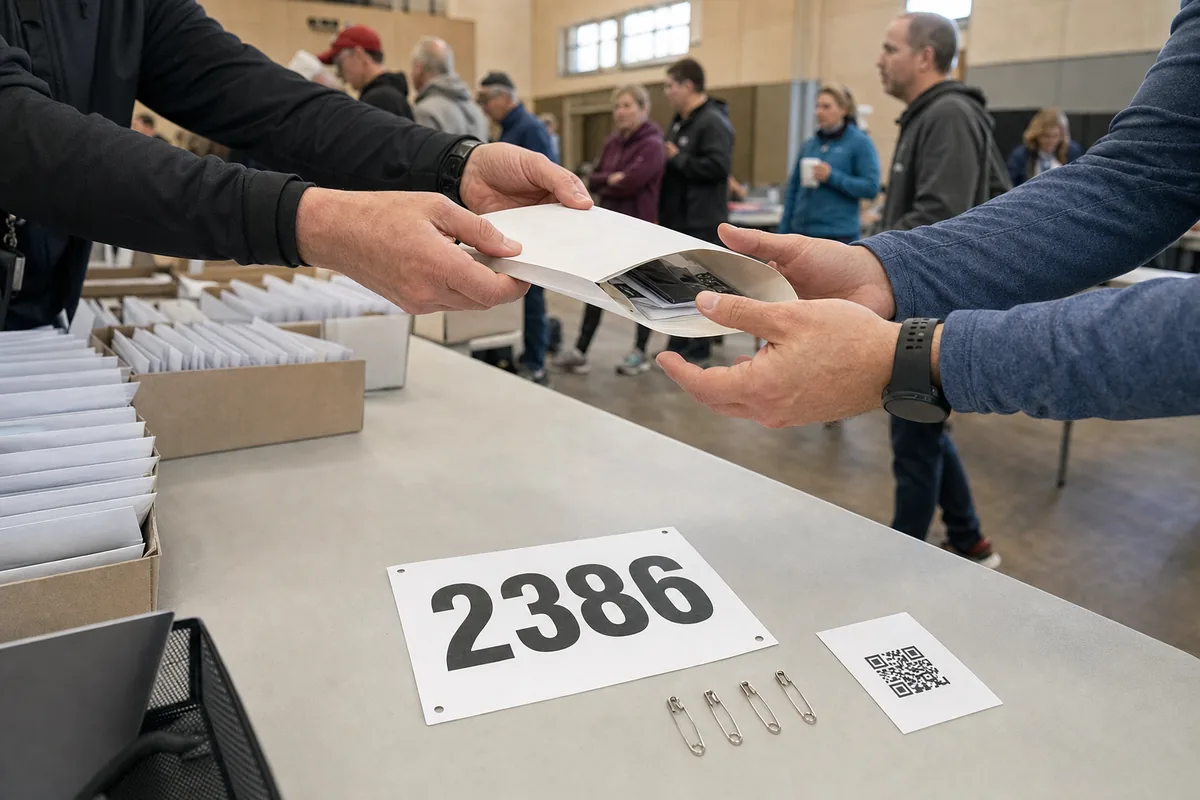 Volunteer handing a runner a race pack envelope across a pickup table, with a numbered bib, safety pins and a small QR code card in front