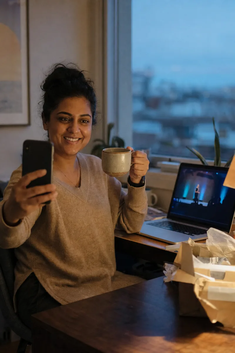 Remote employee at her home desk taking a photo of herself raising a mug during the retreat toast, the livestream soft on the laptop behind her