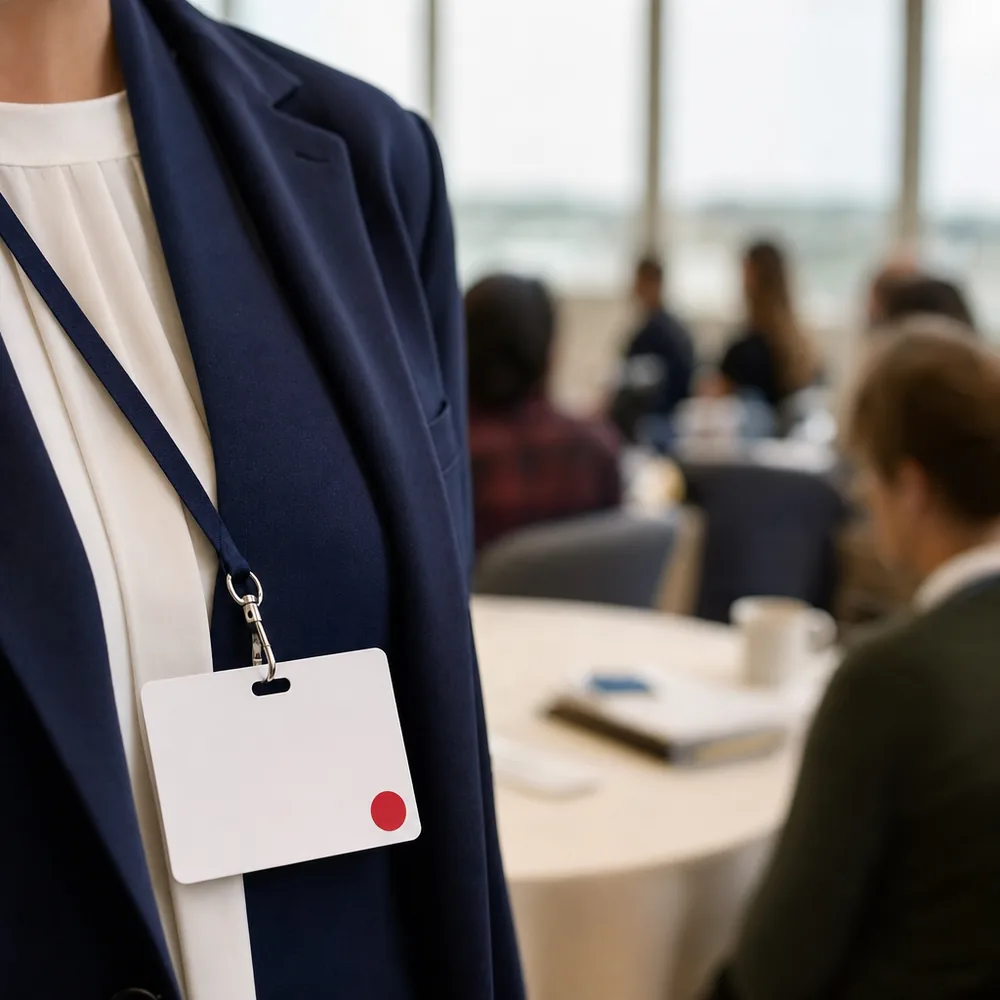 Conference lanyard with a blank name badge and a red dot sticker marking an employee who opted out of photos