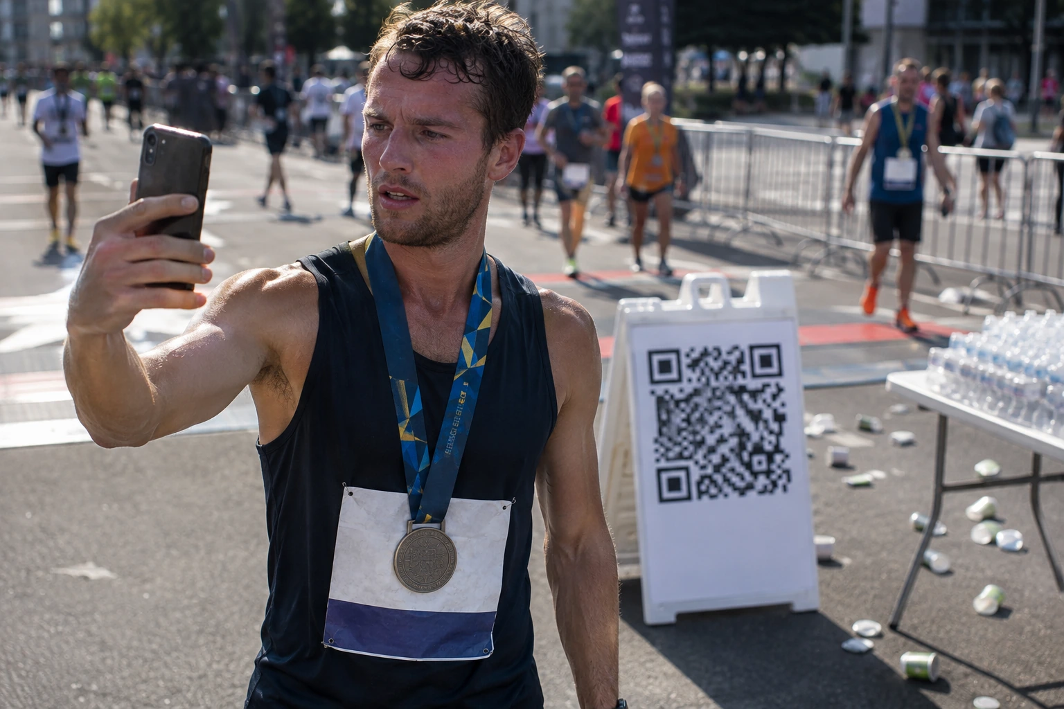 Runner at a finish-line barrier holding up a phone to search for race photos, with a printed QR code sign behind