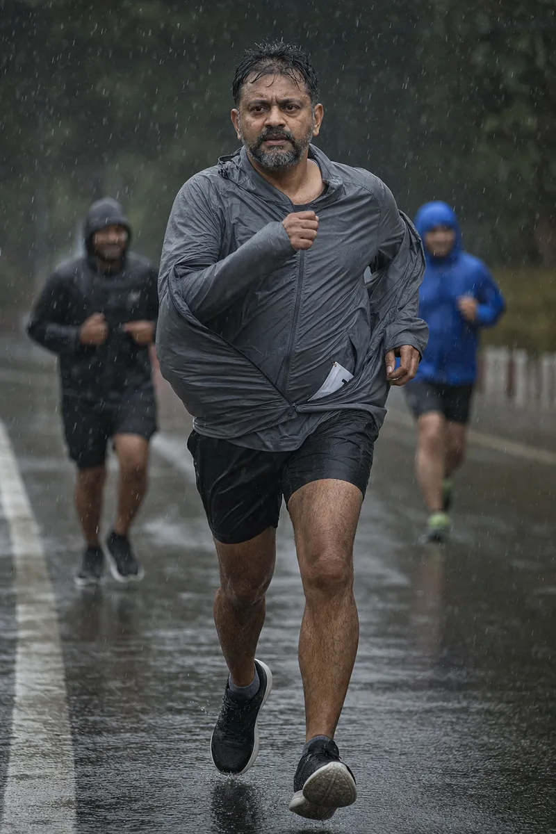 Runner in heavy rain wearing a grey rain jacket that covers his race bib, with only a small corner of the bib showing at his waist